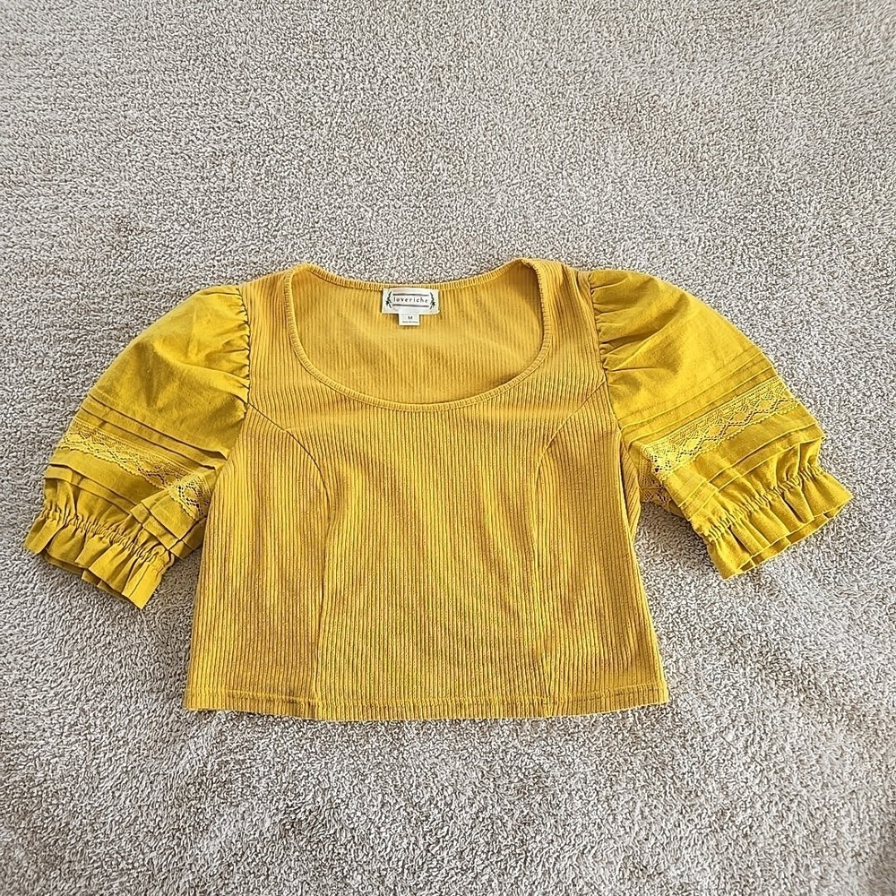 Loveriche Crop Golden Yellow Ribbed Top Puff Sleeve Lace Sz M Boho Peasant Y2K